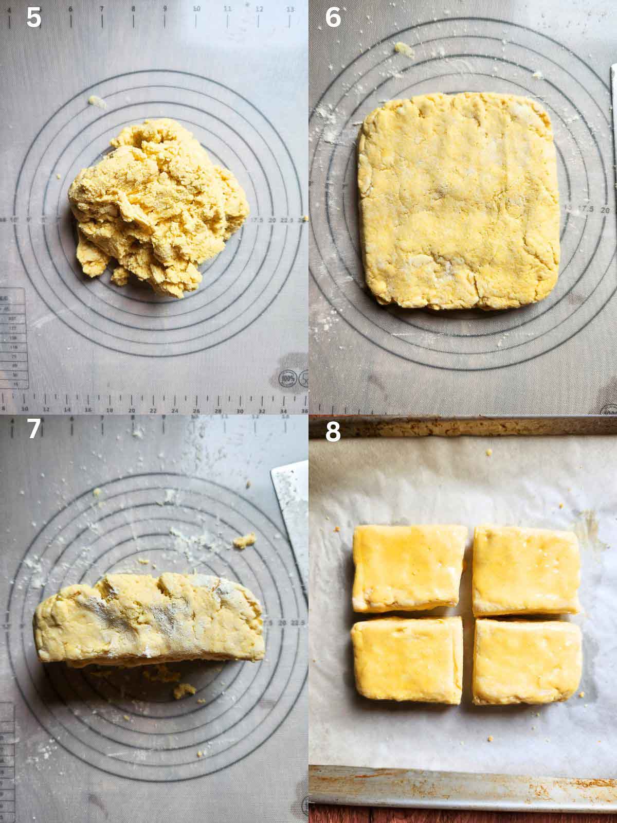 A four picture collage showing how to roll out and cut biscuit dough.