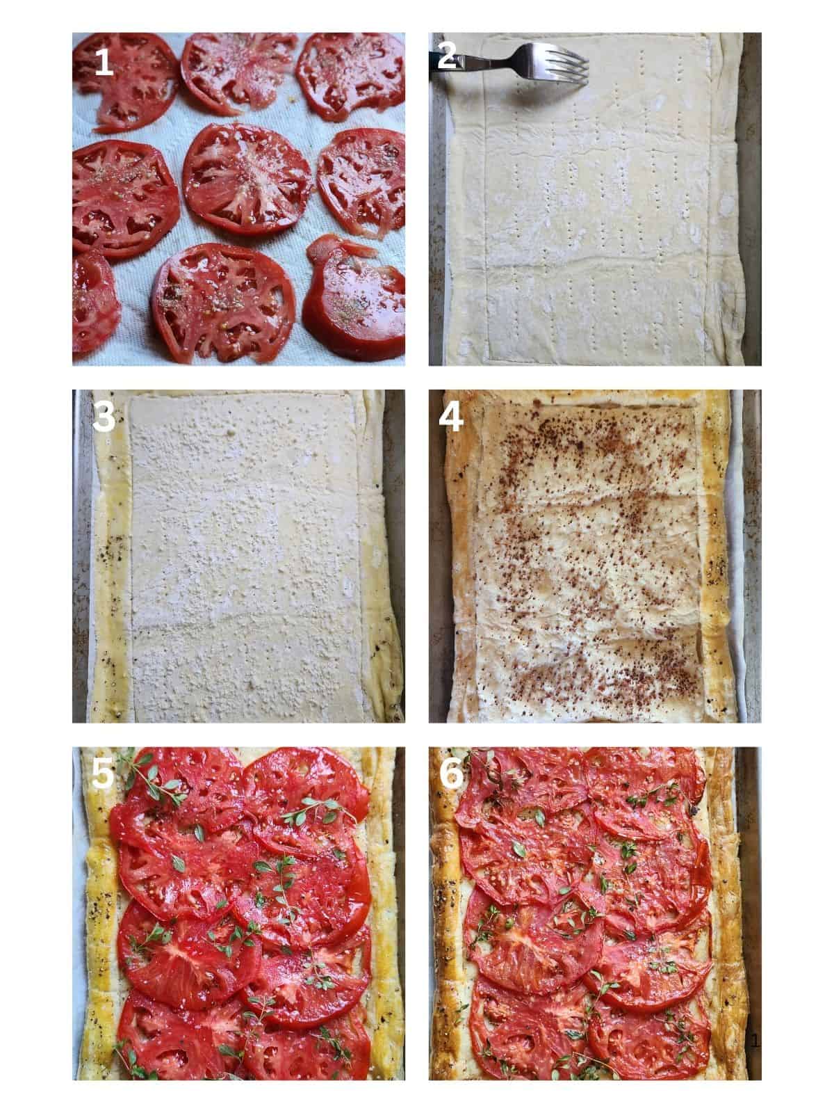 A collage of 6 pictures showing the steps to make a tomato tart with puff pastry.