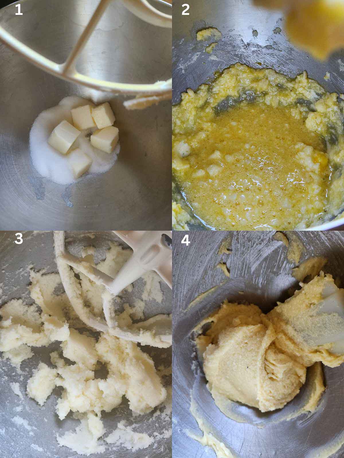 A 4 picture collage of how to make frangipane in a mixer.