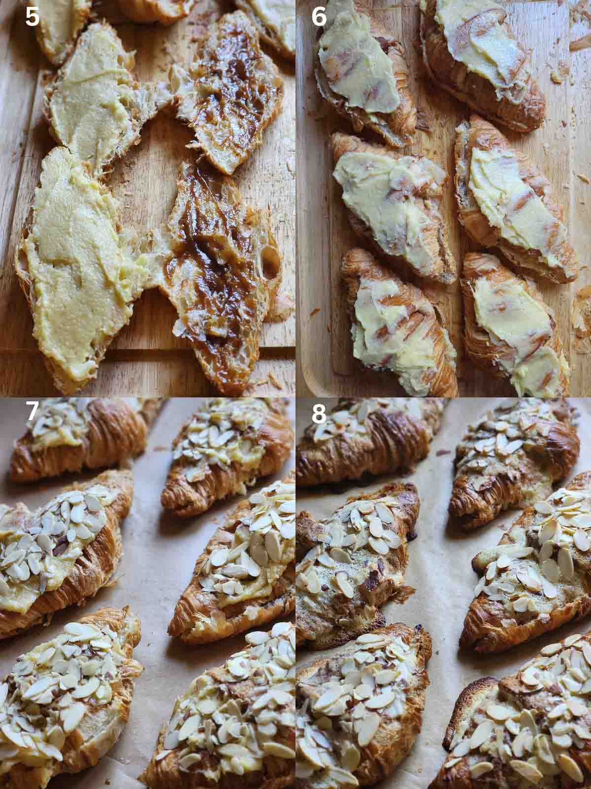 A 4-picture collage showing how to layer the almond croissants on a wooden board.