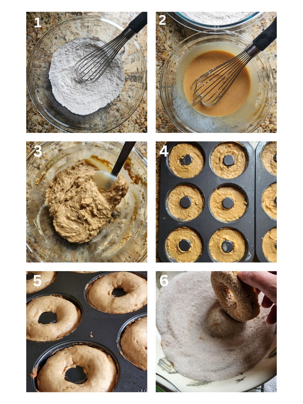 A six picture collage showing how to mix donut batter and place in a pan.