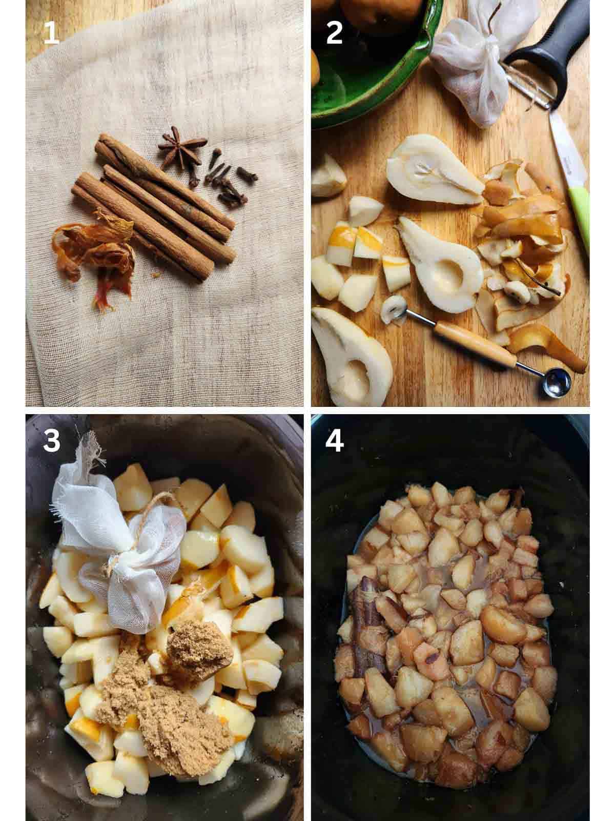 A collage of 4 pictures showing how to chop and prepare pears for slow cooker pear butter.