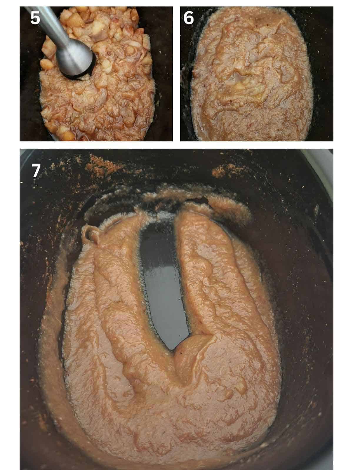 A collage of 3 pictures showing different stages of pear butter in a slow cooker.